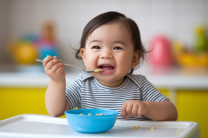 bebe-souriant-chaise-haute-cuillere-cuisine