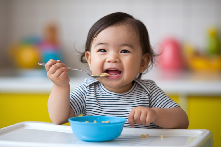 bebe-souriant-chaise-haute-cuillere-cuisine