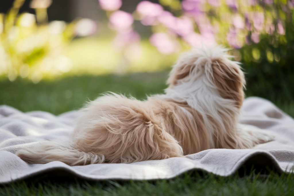 chien-duveteux-dos-couverture-jardin