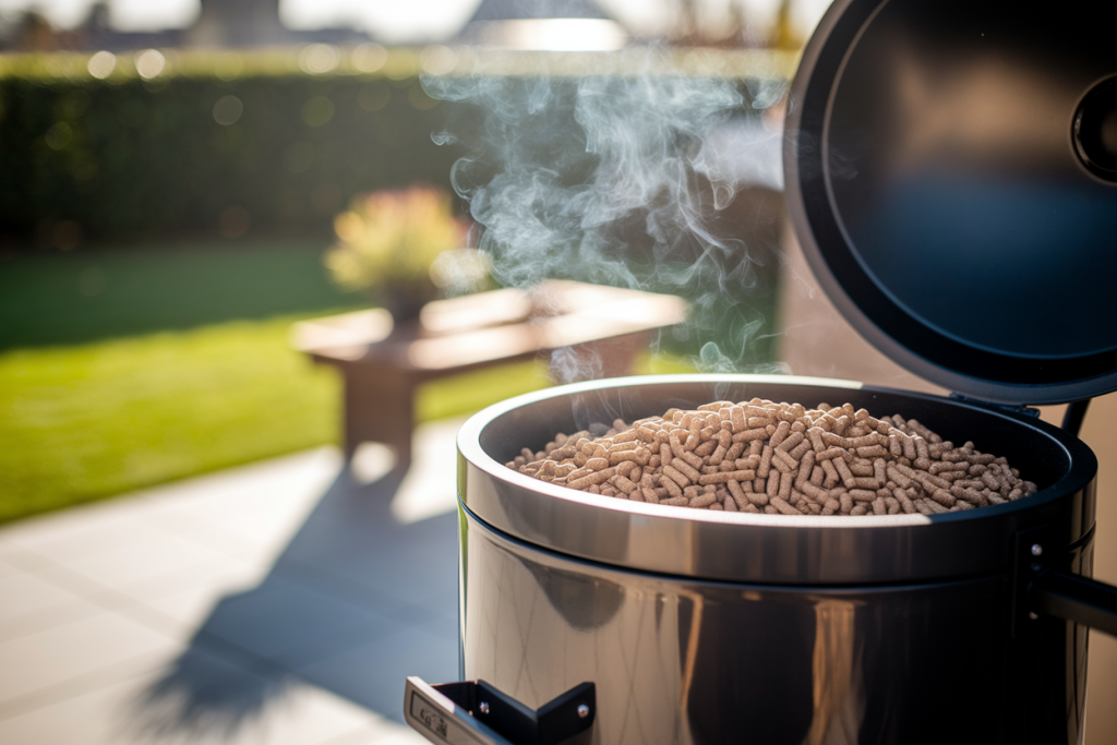 grill-pellet-ouvert-fumee-jardin