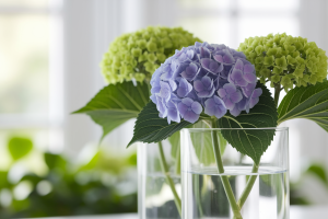 hortensia-tiges-eau-feuilles-vertes