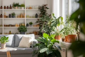 salon-plantes-feuilles-lumiere-etagere