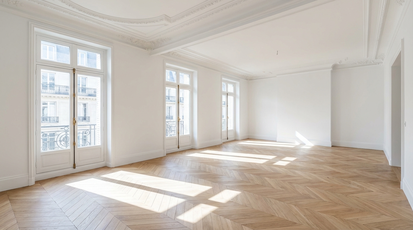 rénovation complète d'un appartement haussmannien à Paris avec parquet, moulures et peinture fraîche