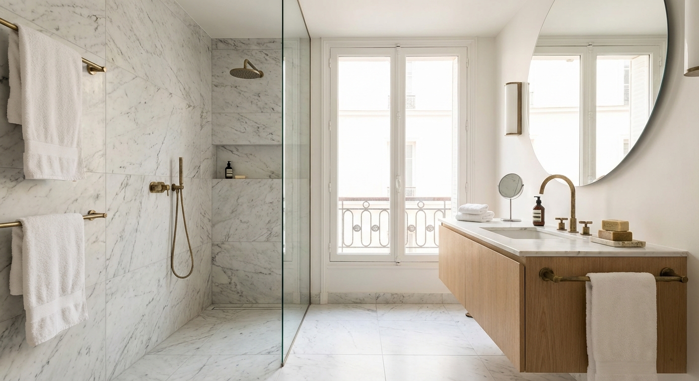 salle de bain rénovée avec douche à l'italienne et carrelage moderne dans un appartement parisien
